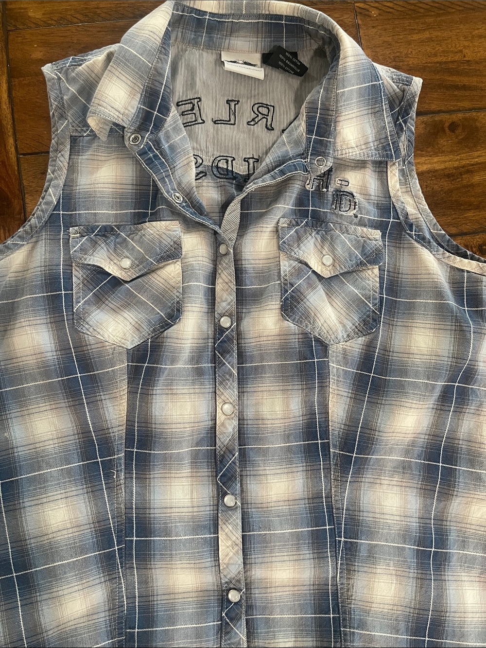 Harley-Davidson blue white Plaid Sleeveless Button-Up shirt size L biker vest